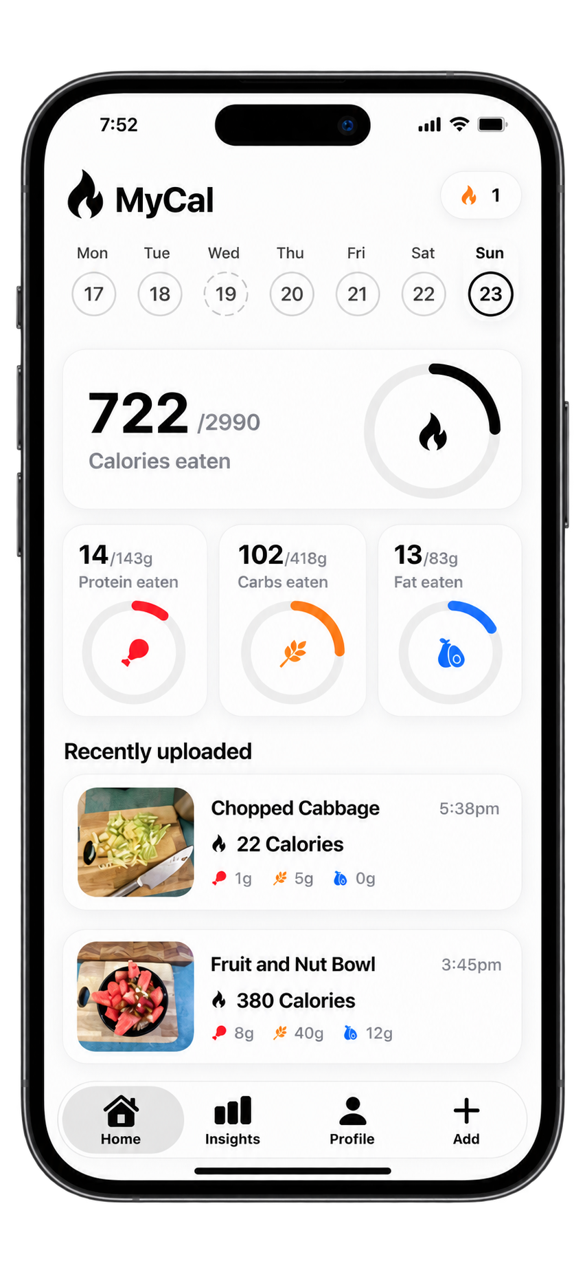 MyCal home screen showing calories, protein, carbohydrates, fat and recently uploaded foods